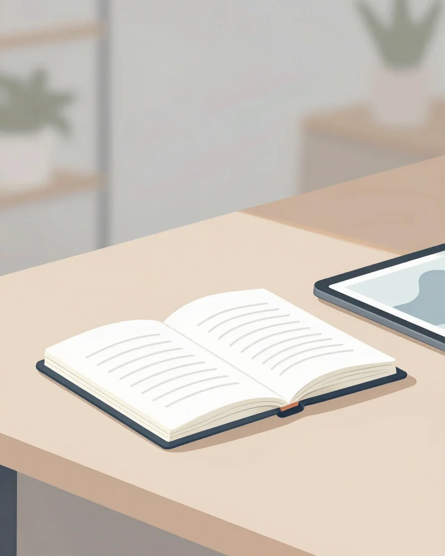 Wide soft-focus flat vector illustration of a calm open desk with